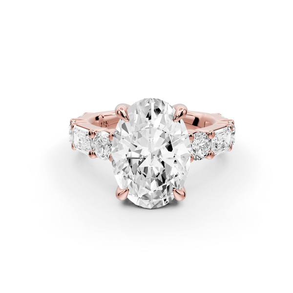 Juliette - 3ct 18k rose gold oval with Alternating Round and Emerald 8 - Stone Band Engagement Ring - Mr. Alex Jewelry