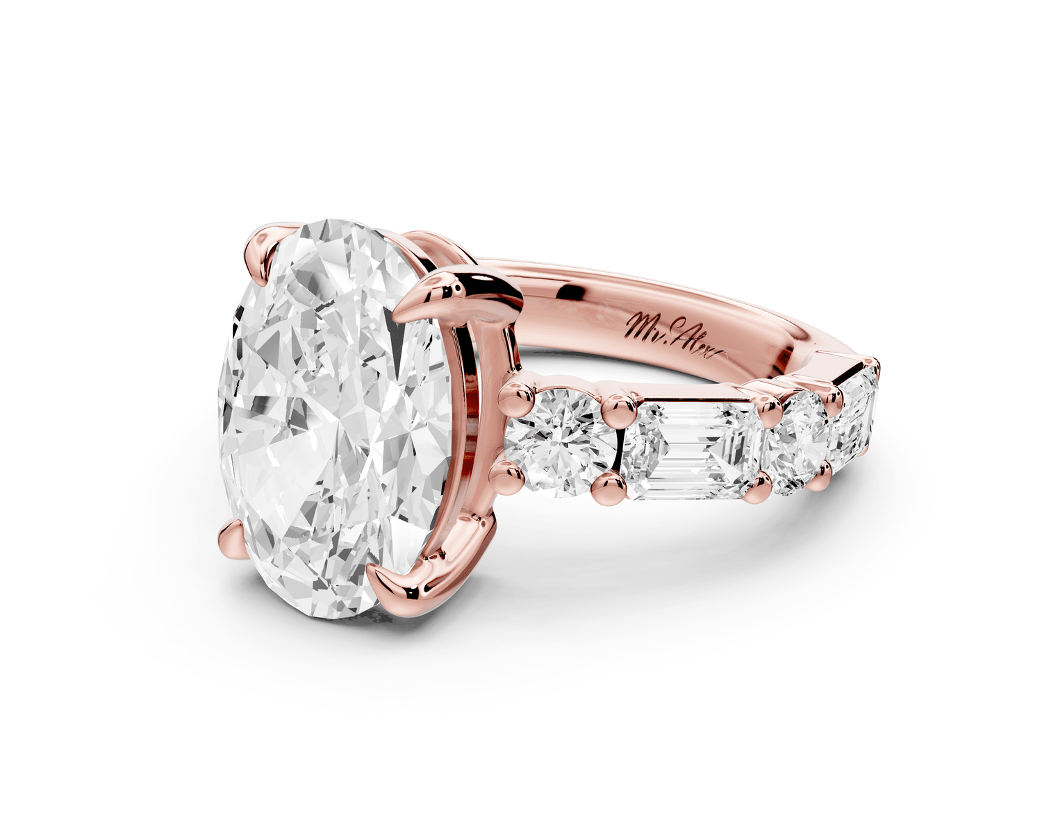 Juliette - 3ct 18k rose gold oval with Alternating Round and Emerald 8 - Stone Band Engagement Ring - Mr. Alex Jewelry