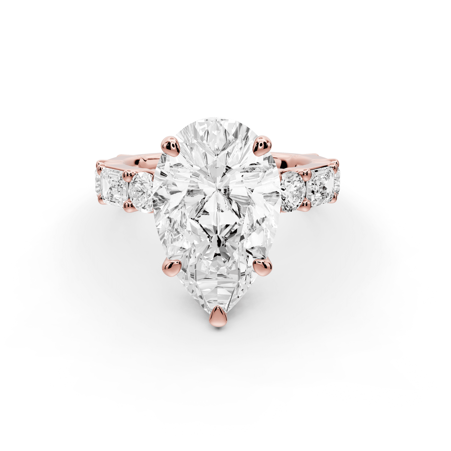 Juliette - 3ct 18k rose gold pear with Alternating Round and Emerald 8 - Stone Band Engagement Ring - Mr. Alex Jewelry