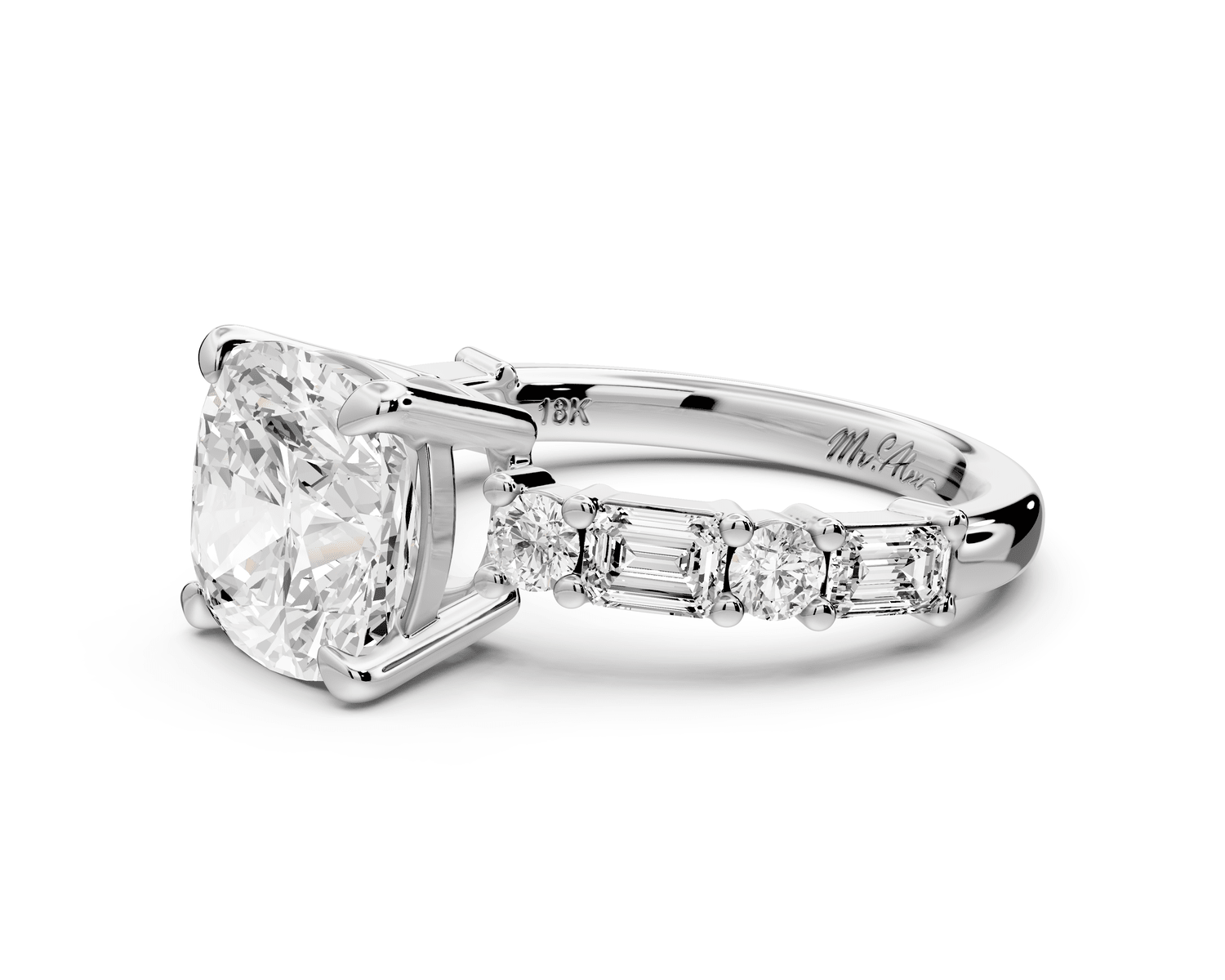 Juliette - 3ct 18k white gold cushion with Alternating Round and Emerald 8 - Stone Band Engagement Ring - Mr. Alex Jewelry