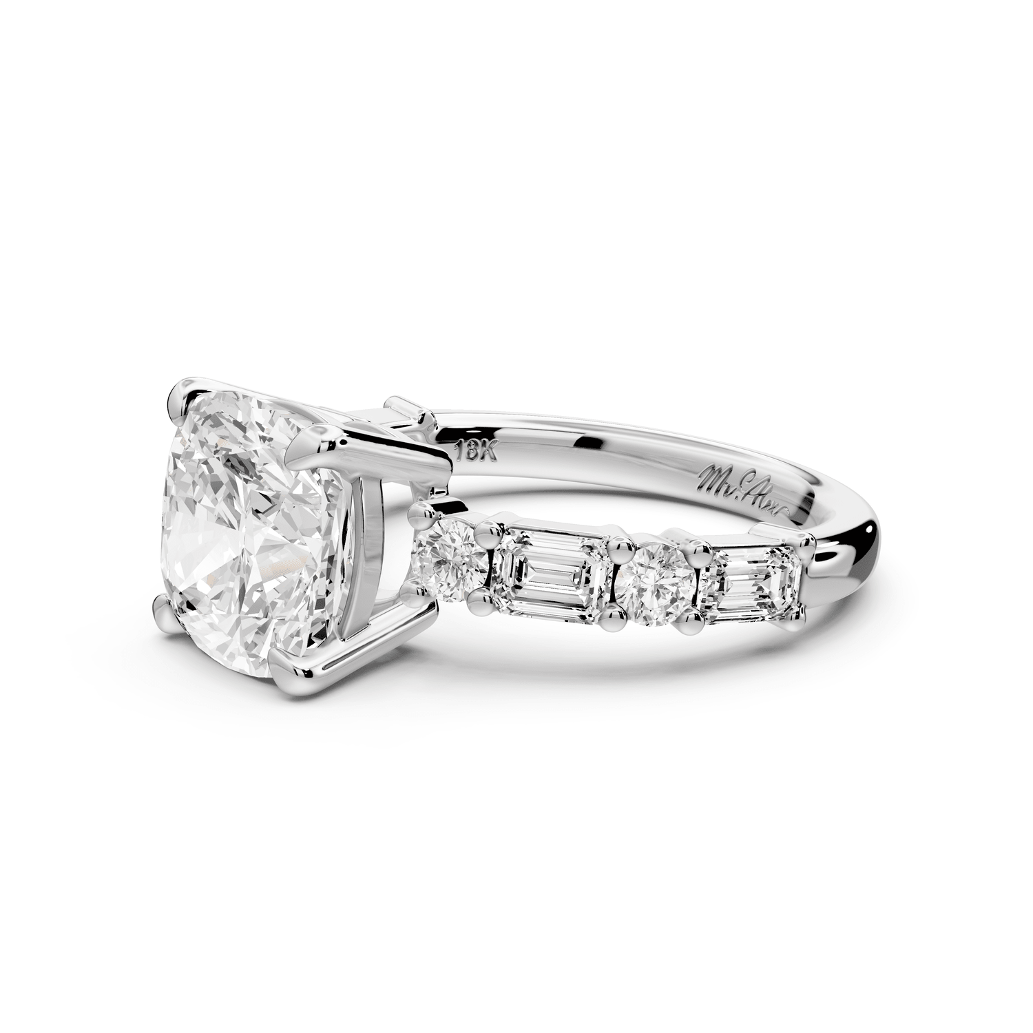 Juliette - 3ct 18k white gold cushion with Alternating Round and Emerald 8 - Stone Band Engagement Ring - Mr. Alex Jewelry