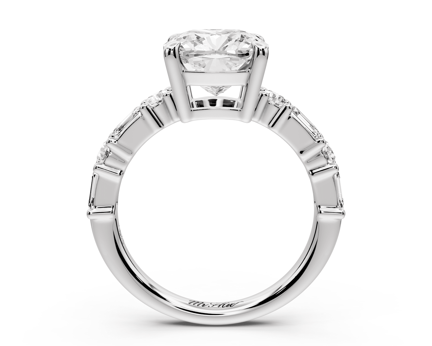 Juliette - 3ct 18k white gold cushion with Alternating Round and Emerald 8 - Stone Band Engagement Ring - Mr. Alex Jewelry