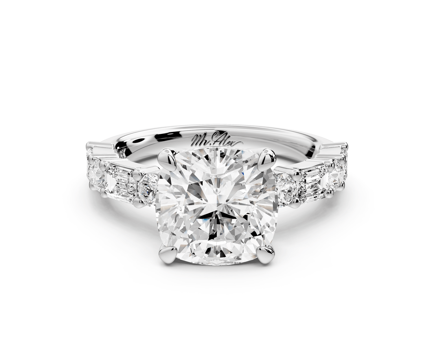 Juliette - 3ct 18k white gold cushion with Alternating Round and Emerald 8 - Stone Band Engagement Ring - Mr. Alex Jewelry