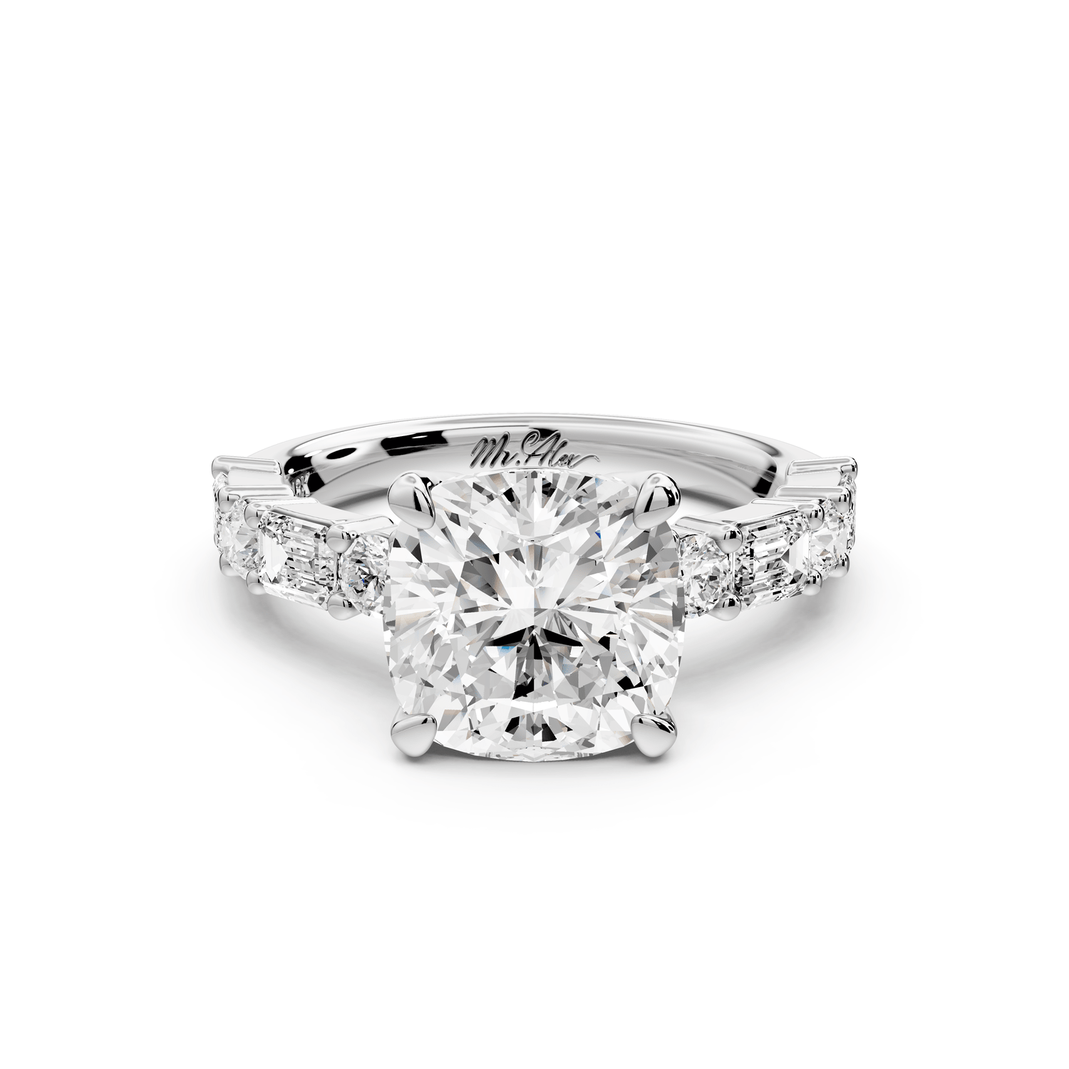 Juliette - 3ct 18k white gold cushion with Alternating Round and Emerald 8 - Stone Band Engagement Ring - Mr. Alex Jewelry