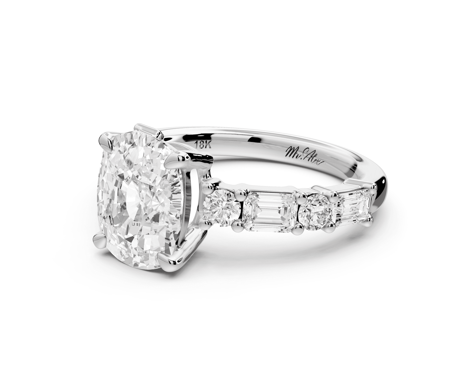 Juliette - 3ct 18k white gold ecushion with Alternating Round and Emerald 8 - Stone Band Engagement Ring - Mr. Alex Jewelry