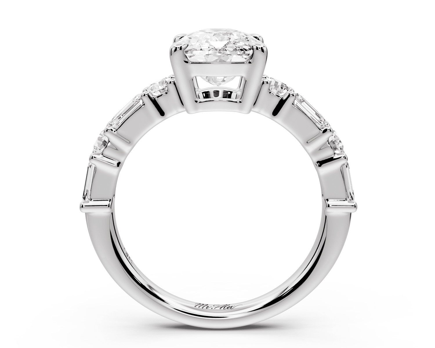 Juliette - 3ct 18k white gold ecushion with Alternating Round and Emerald 8 - Stone Band Engagement Ring - Mr. Alex Jewelry