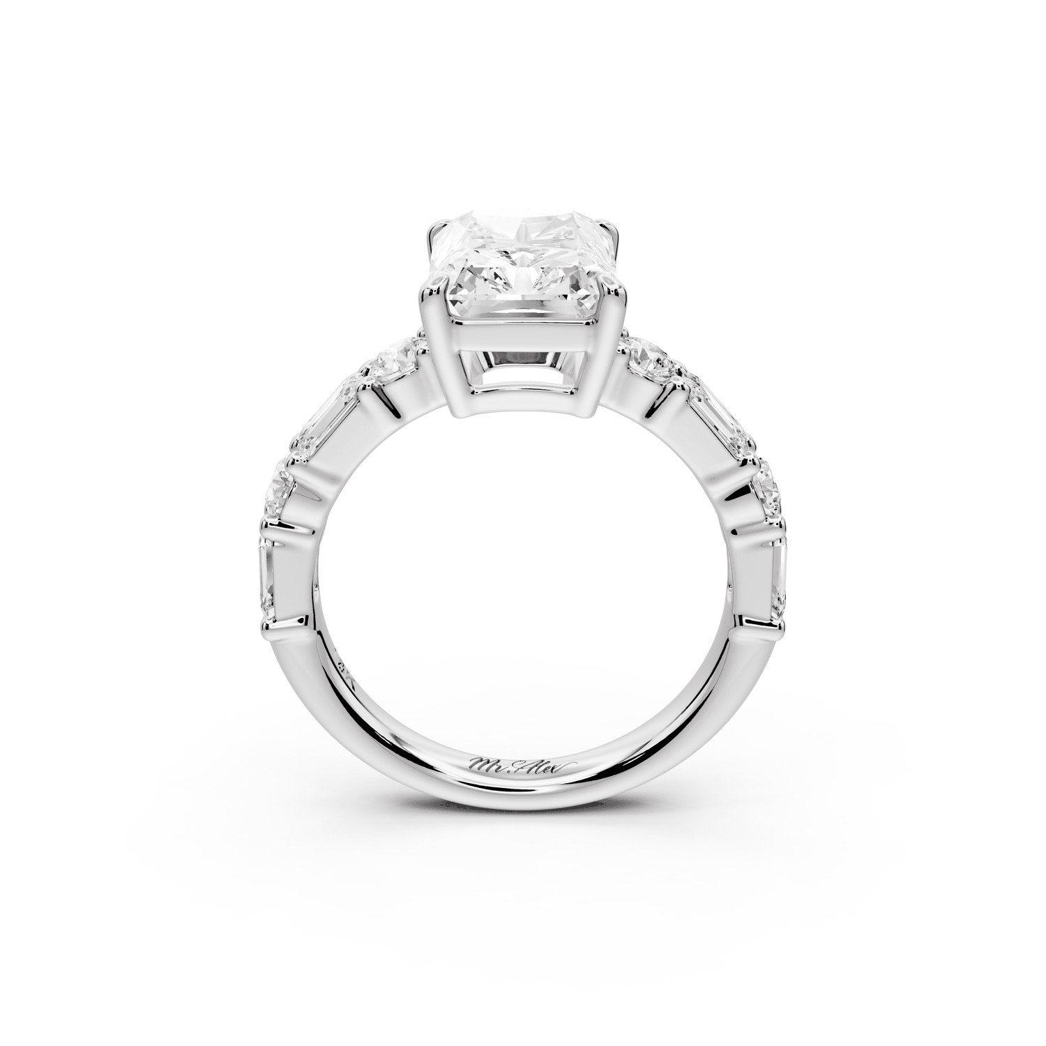 Juliette - 3ct 18k white gold emerald with Alternating Round and Emerald 8 - Stone Band Engagement Ring - Mr. Alex Jewelry