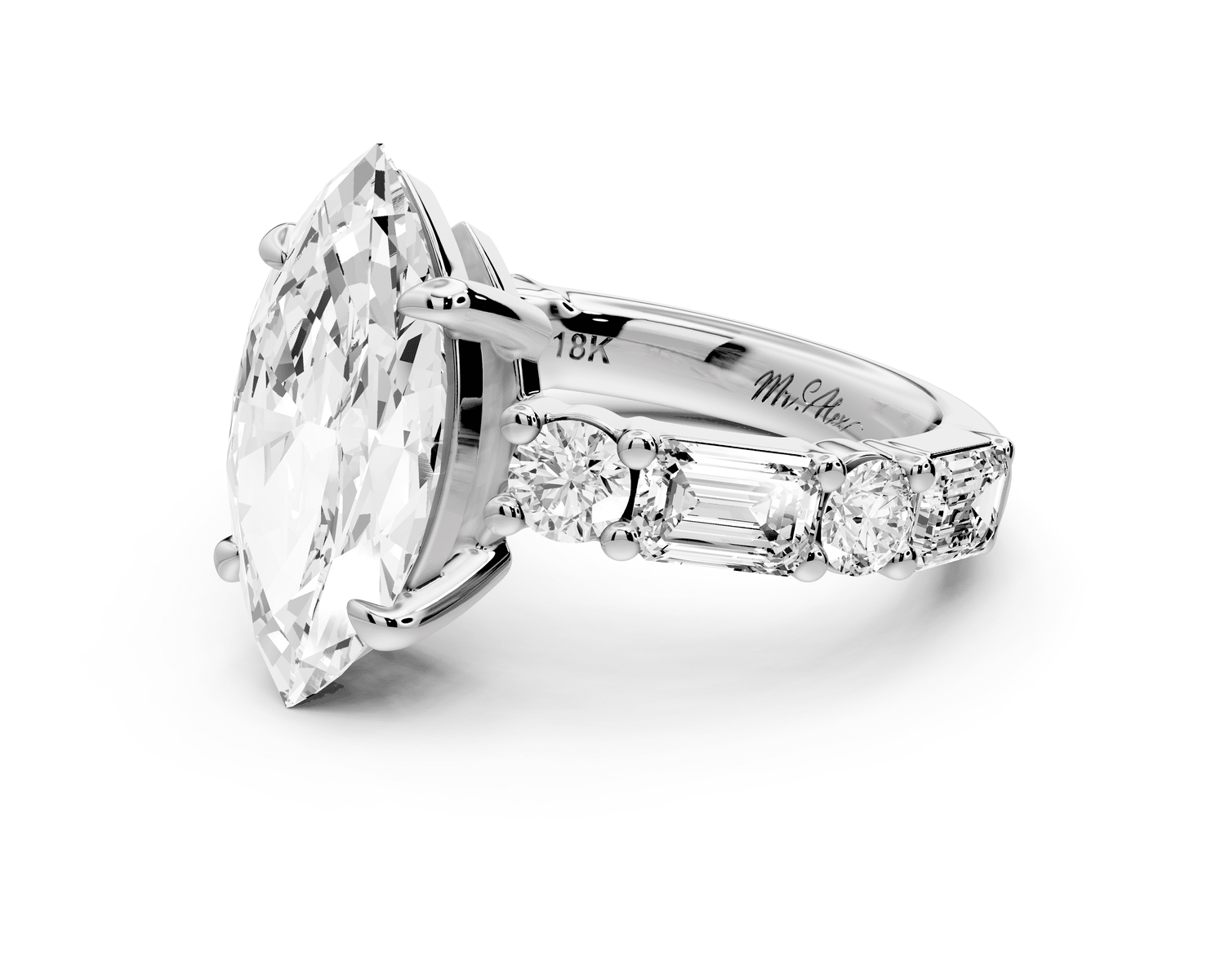 Juliette - 3ct 18k white gold marquise with Alternating Round and Emerald 8 - Stone Band Engagement Ring - Mr. Alex Jewelry