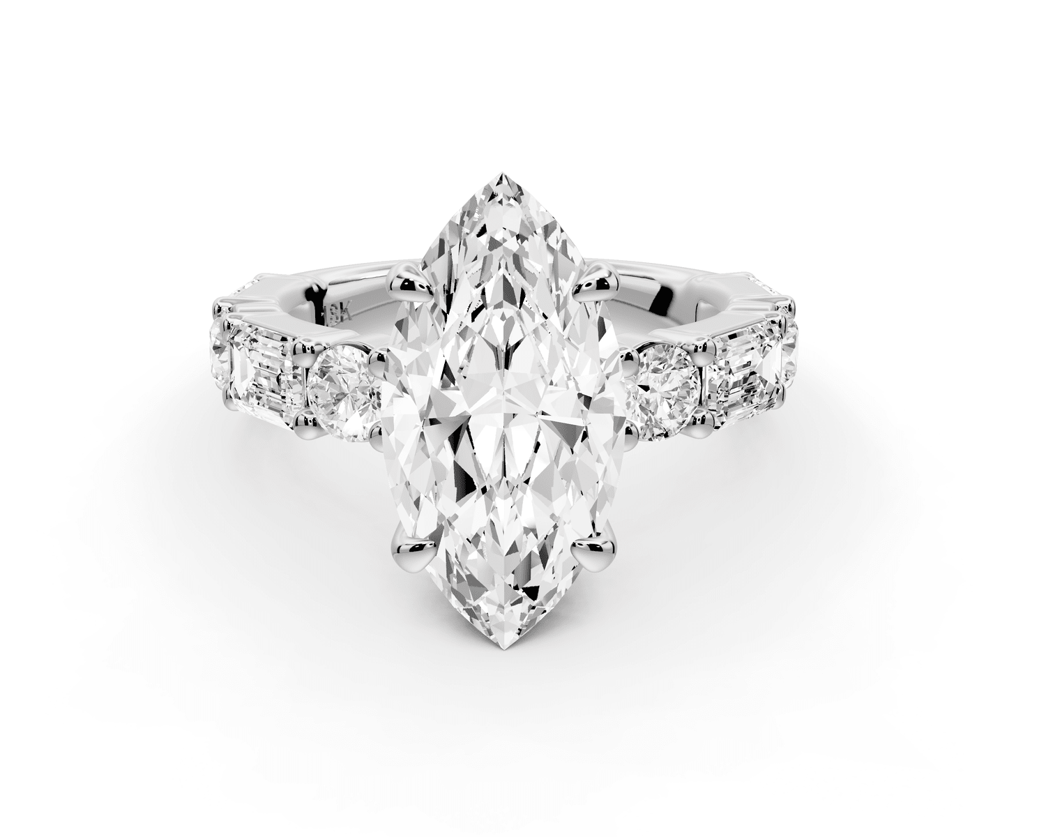 Juliette - 3ct 18k white gold marquise with Alternating Round and Emerald 8 - Stone Band Engagement Ring - Mr. Alex Jewelry