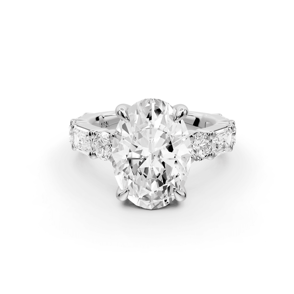 Juliette - 3ct 18k white gold oval with Alternating Round and Emerald 8 - Stone Band Engagement Ring - Mr. Alex Jewelry