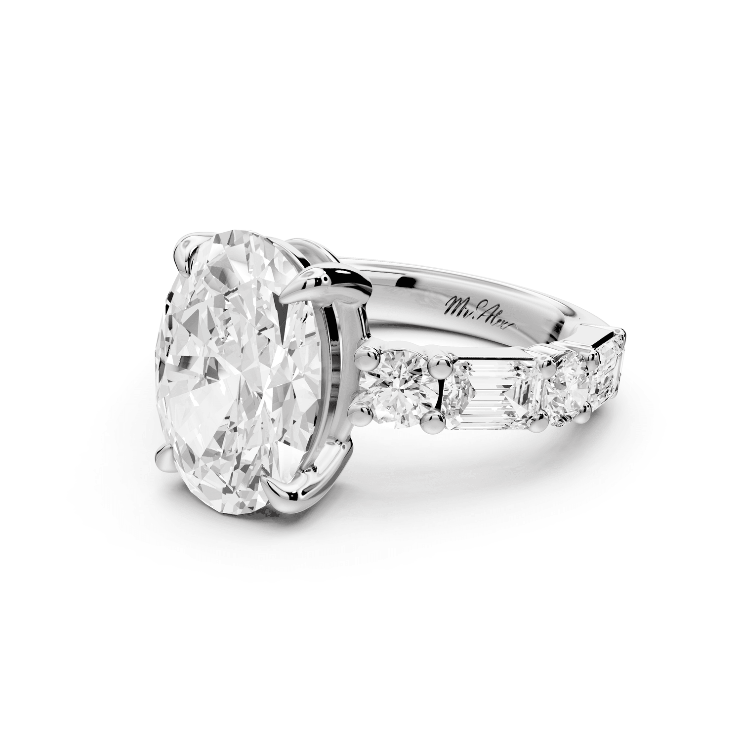 Juliette - 3ct 18k white gold oval with Alternating Round and Emerald 8 - Stone Band Engagement Ring - Mr. Alex Jewelry
