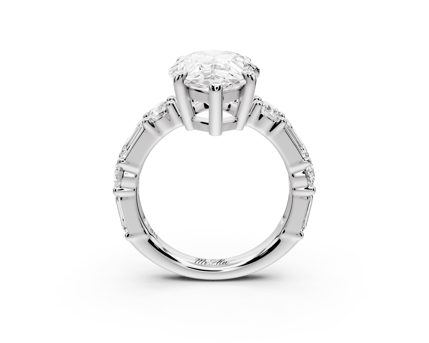 Juliette - 3ct 18k white gold pear with Alternating Round and Emerald 8 - Stone Band Engagement Ring - Mr. Alex Jewelry