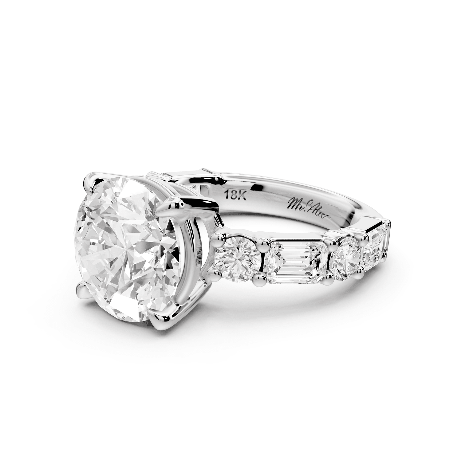 Juliette - 3ct 18k white gold round with Alternating Round and Emerald 8 - Stone Band Engagement Ring - Mr. Alex Jewelry