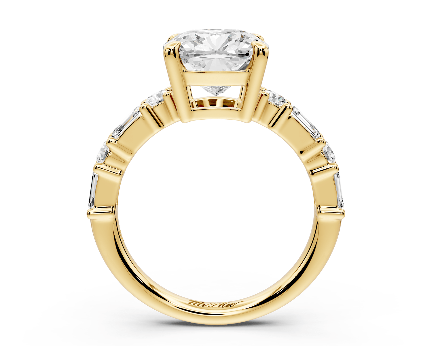 Juliette - 3ct 18k yellow gold cushion with Alternating Round and Emerald 8 - Stone Band Engagement Ring - Mr. Alex Jewelry