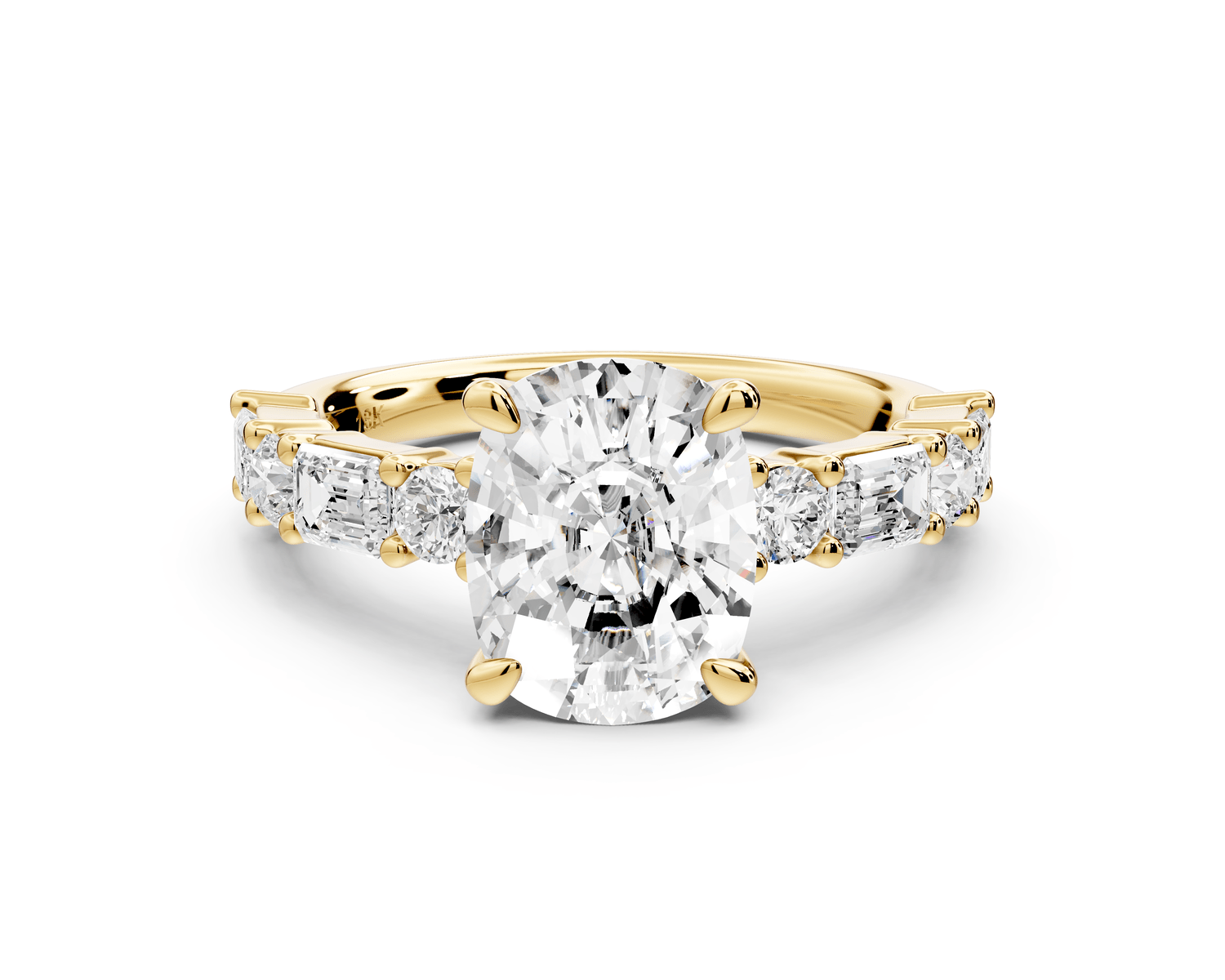 Juliette - 3ct 18k yellow gold ecushion with Alternating Round and Emerald 8 - Stone Band Engagement Ring - Mr. Alex Jewelry