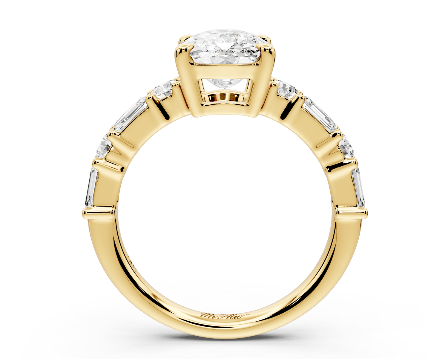 Juliette - 3ct 18k yellow gold ecushion with Alternating Round and Emerald 8 - Stone Band Engagement Ring - Mr. Alex Jewelry