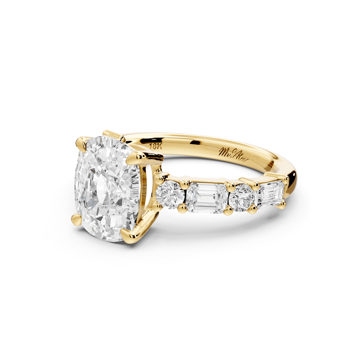 Juliette - 3ct 18k yellow gold ecushion with Alternating Round and Emerald 8 - Stone Band Engagement Ring - Mr. Alex Jewelry