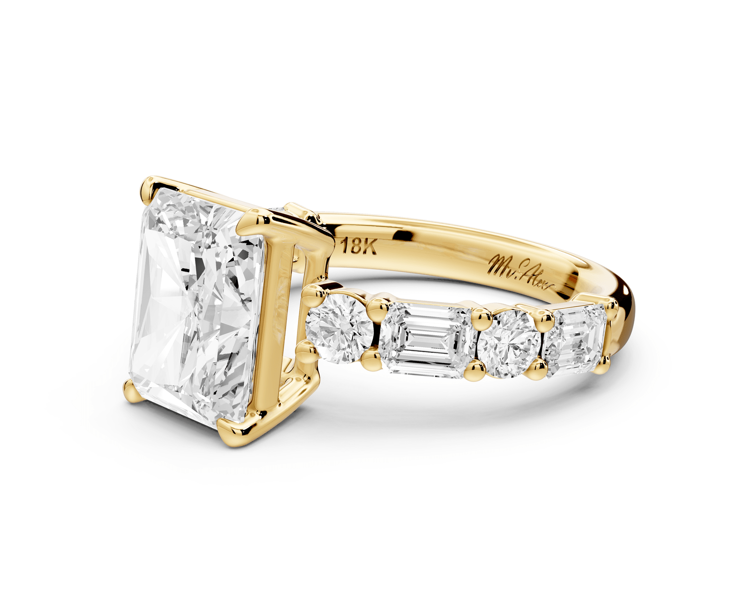 Juliette - 3ct 18k yellow gold emerald with Alternating Round and Emerald 8 - Stone Band Engagement Ring - Mr. Alex Jewelry