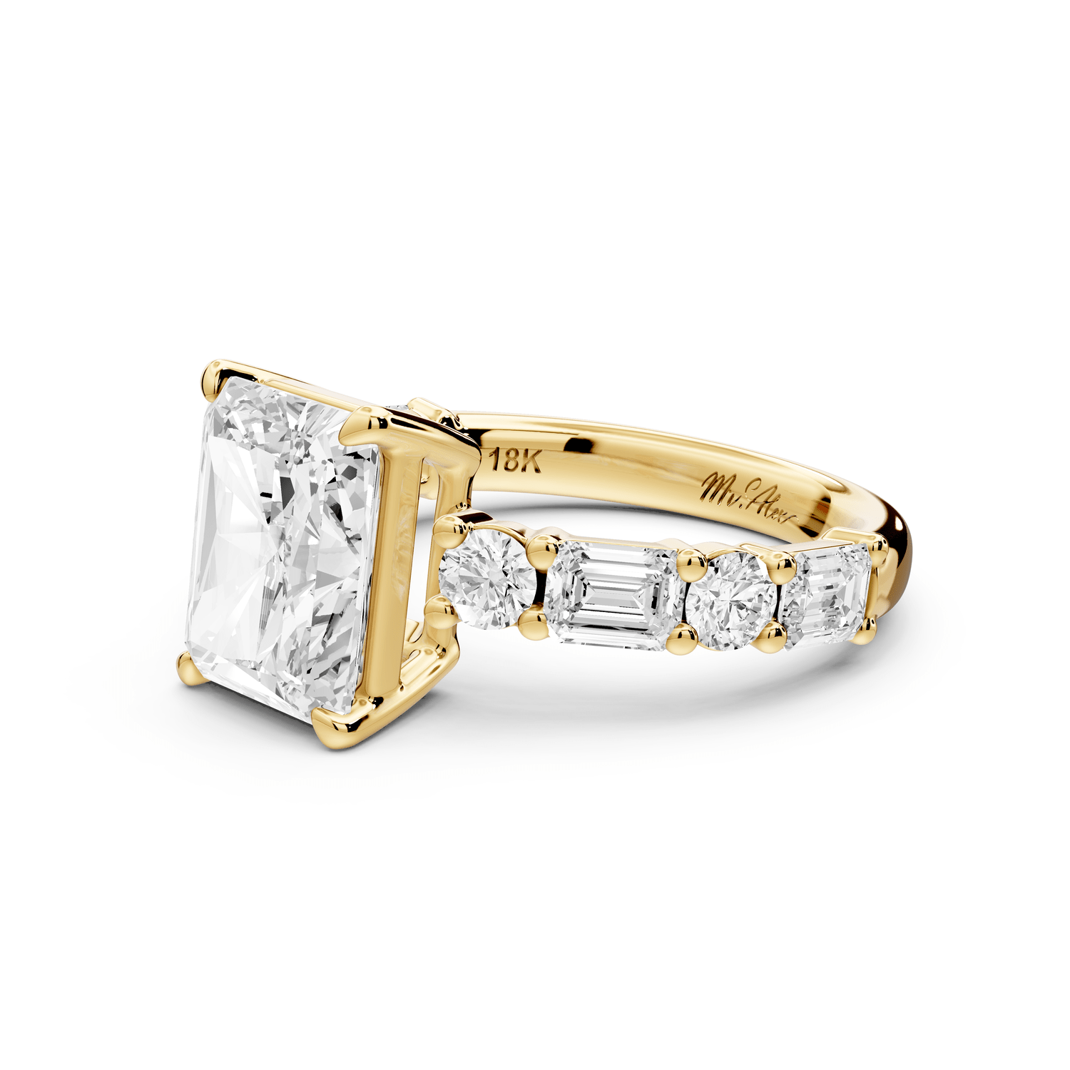 Juliette - 3ct 18k yellow gold emerald with Alternating Round and Emerald 8 - Stone Band Engagement Ring - Mr. Alex Jewelry