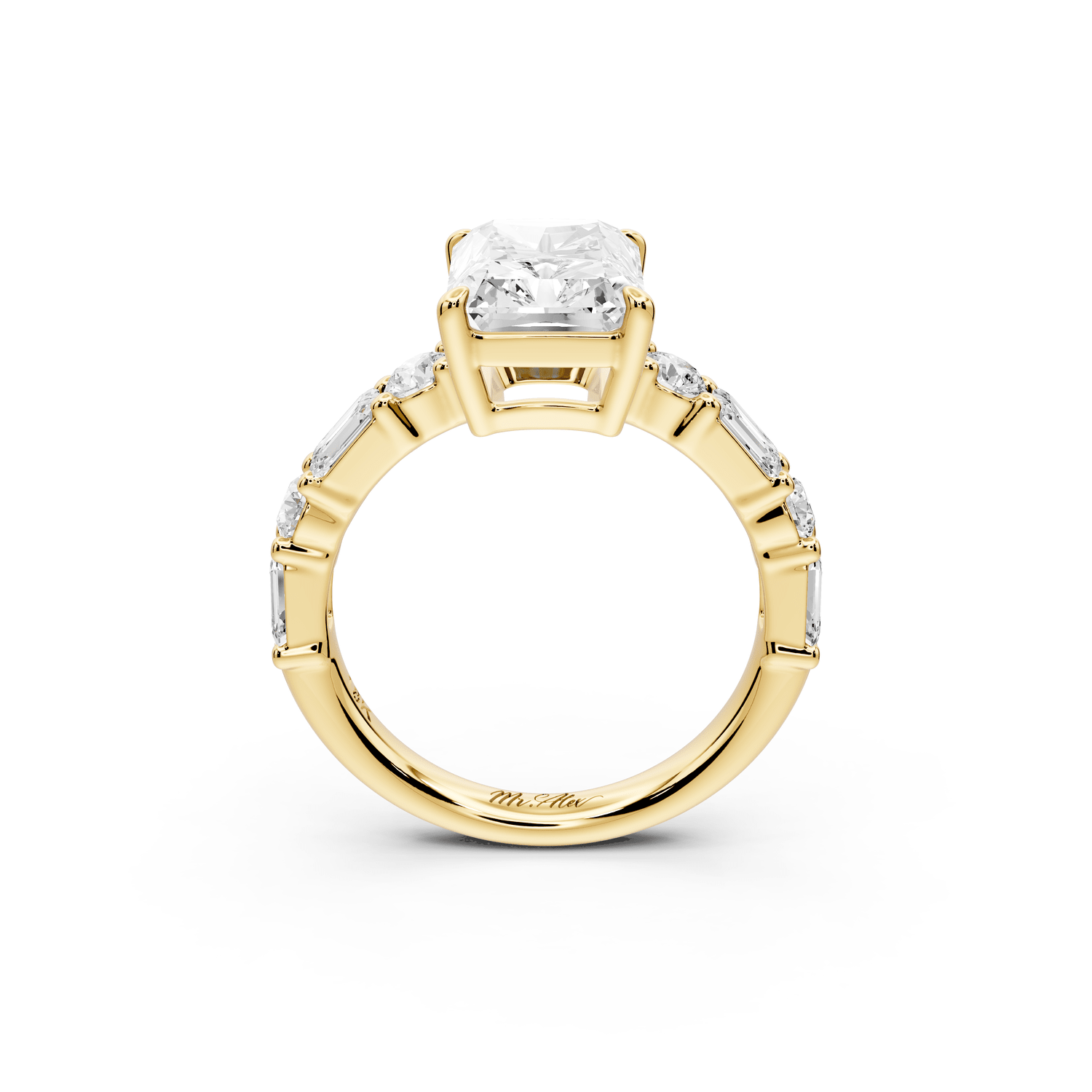 Juliette - 3ct 18k yellow gold emerald with Alternating Round and Emerald 8 - Stone Band Engagement Ring - Mr. Alex Jewelry