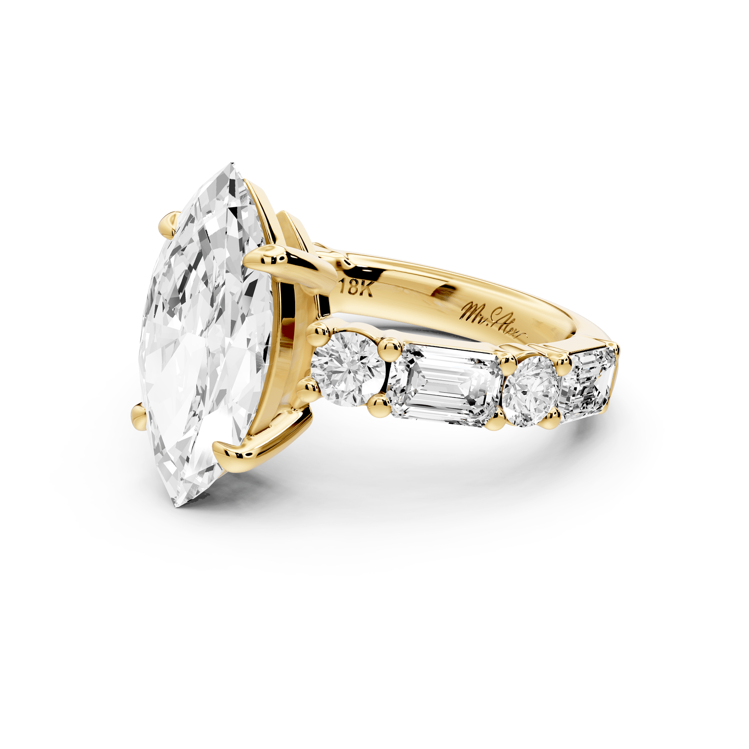 Juliette - 3ct 18k yellow gold marquise with Alternating Round and Emerald 8 - Stone Band Engagement Ring - Mr. Alex Jewelry