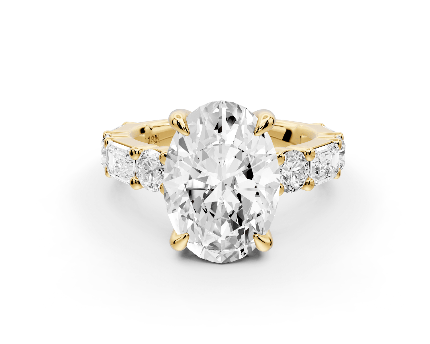 Juliette - 3ct 18k yellow gold oval with Alternating Round and Emerald 8 - Stone Band Engagement Ring - Mr. Alex Jewelry