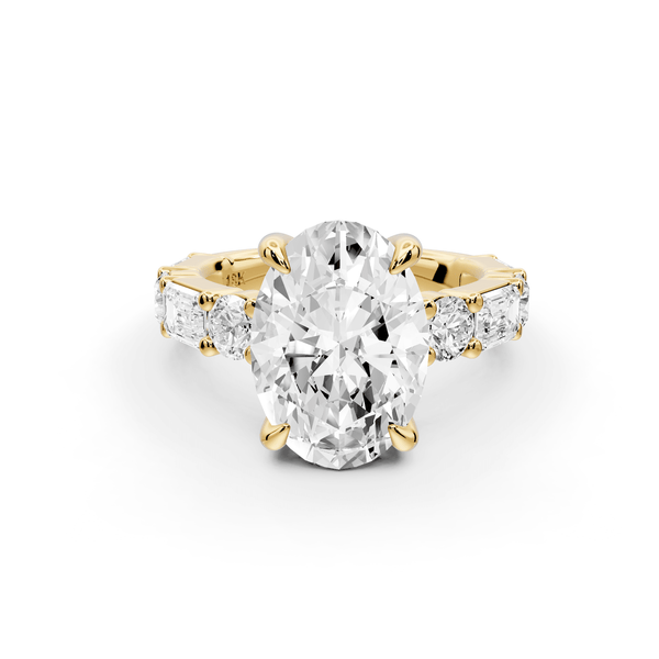 Juliette - 3ct 18k yellow gold oval with Alternating Round and Emerald 8 - Stone Band Engagement Ring - Mr. Alex Jewelry