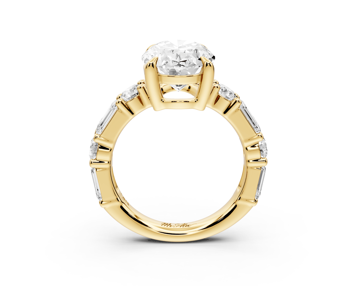 Juliette - 3ct 18k yellow gold oval with Alternating Round and Emerald 8 - Stone Band Engagement Ring - Mr. Alex Jewelry