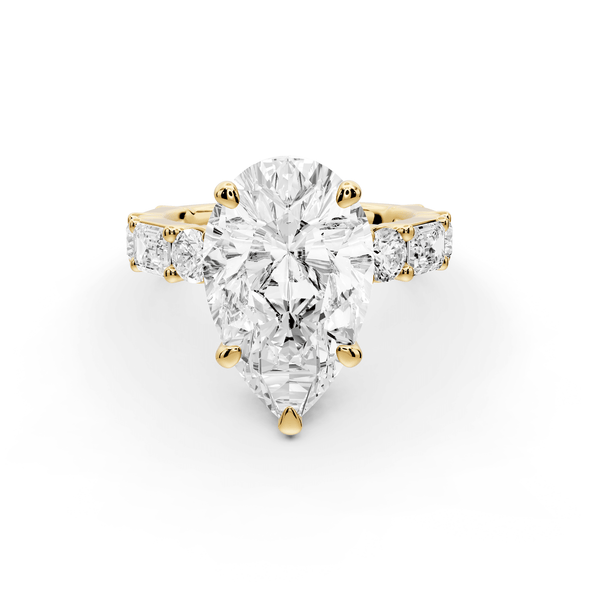 Juliette - 3ct 18k yellow gold pear with Alternating Round and Emerald 8 - Stone Band Engagement Ring - Mr. Alex Jewelry