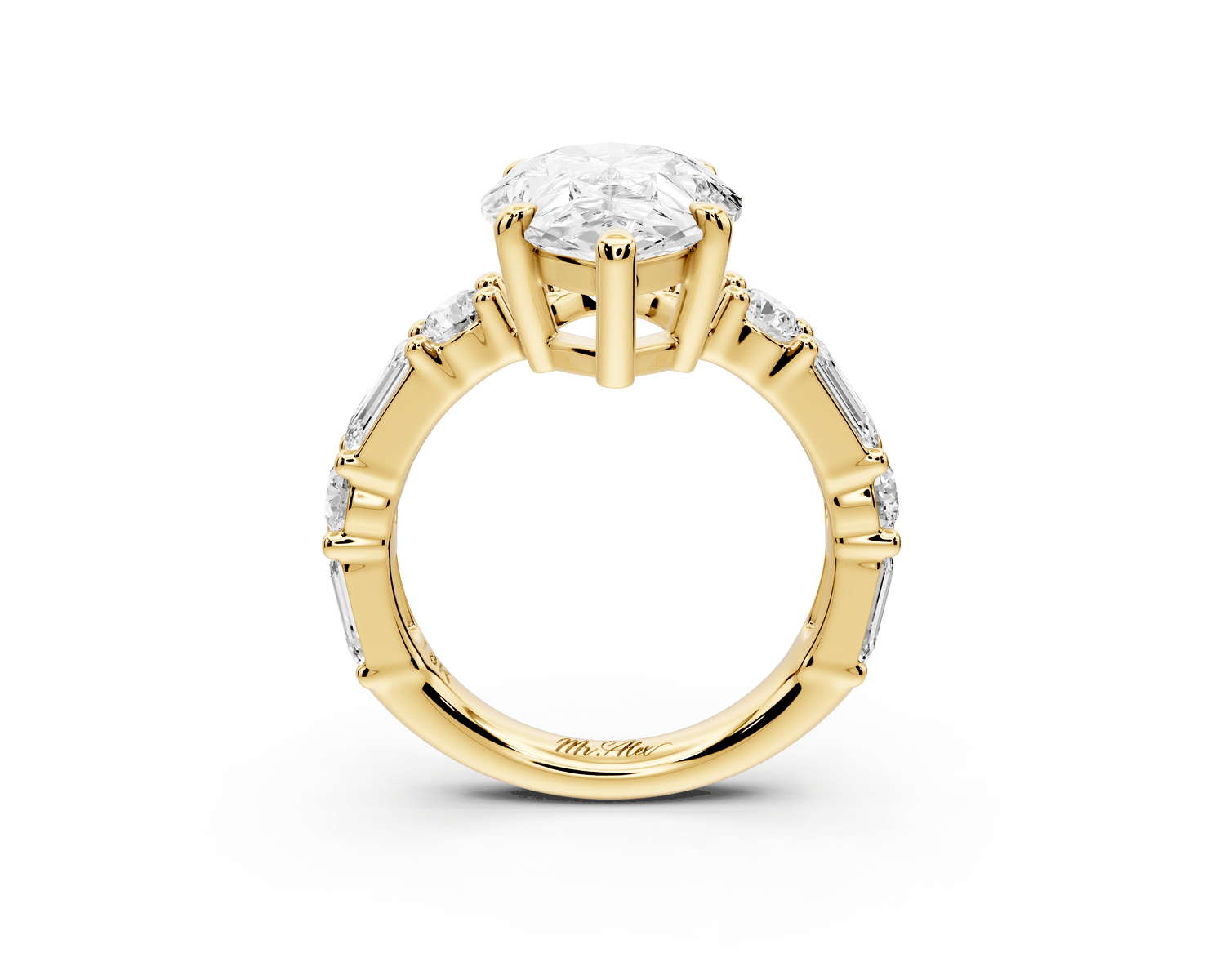 Juliette - 3ct 18k yellow gold pear with Alternating Round and Emerald 8 - Stone Band Engagement Ring - Mr. Alex Jewelry