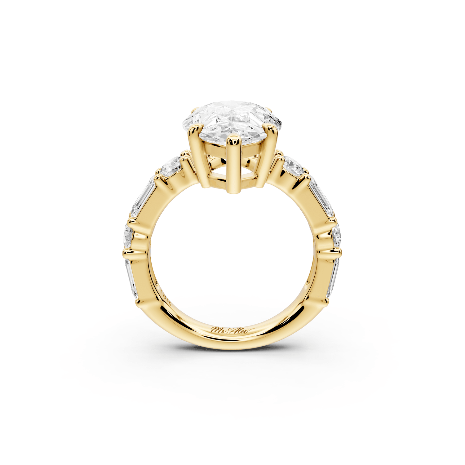 Juliette - 3ct 18k yellow gold pear with Alternating Round and Emerald 8 - Stone Band Engagement Ring - Mr. Alex Jewelry