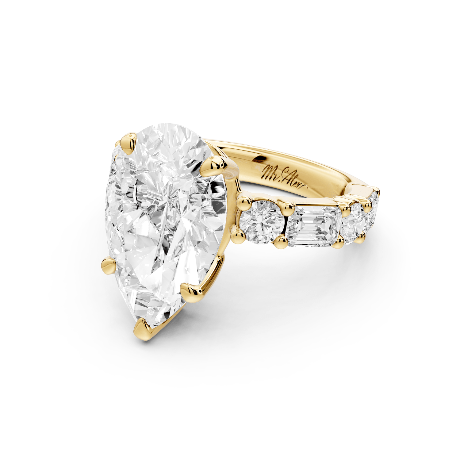 Juliette - 3ct 18k yellow gold pear with Alternating Round and Emerald 8 - Stone Band Engagement Ring - Mr. Alex Jewelry