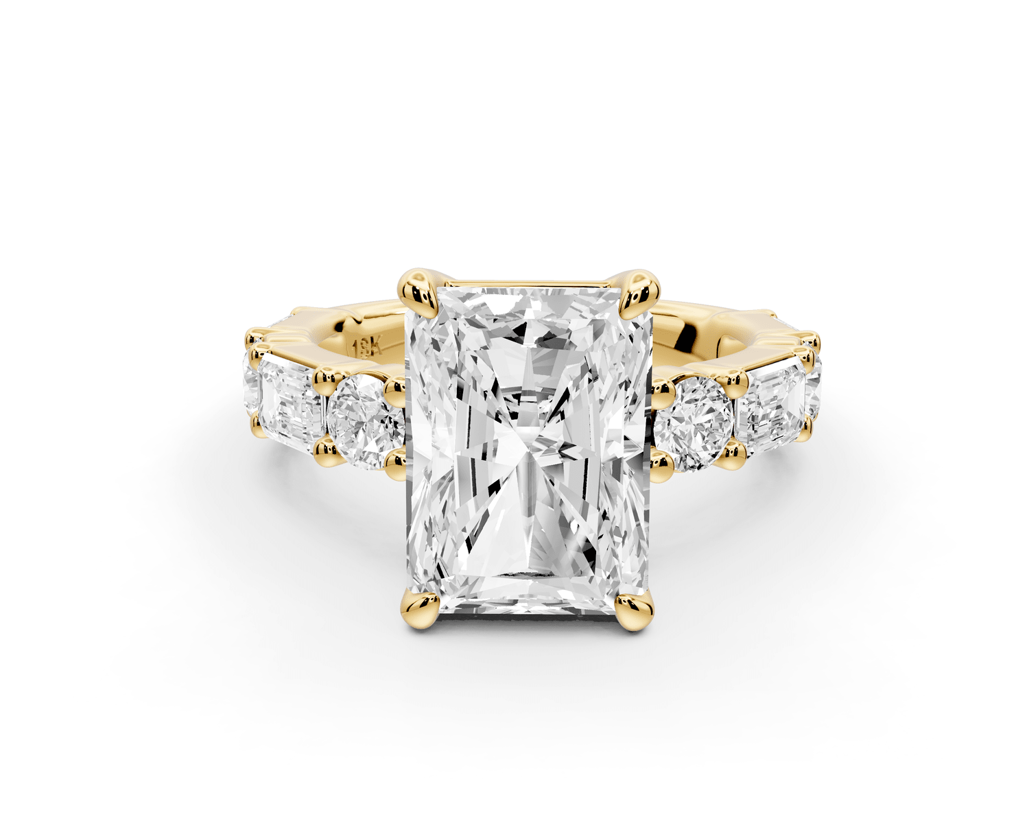 Juliette - 3ct 18k yellow gold radiant with Alternating Round and Emerald 8 - Stone Band Engagement Ring - Mr. Alex Jewelry