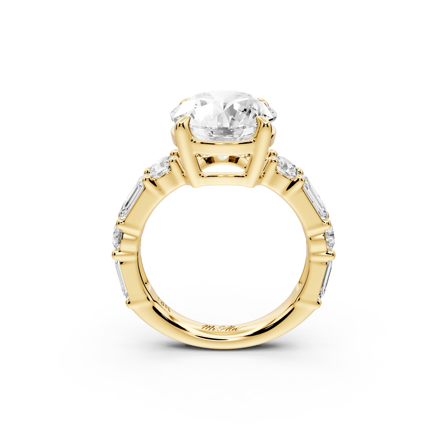Juliette - 3ct 18k yellow gold round with Alternating Round and Emerald 8 - Stone Band Engagement Ring - Mr. Alex Jewelry