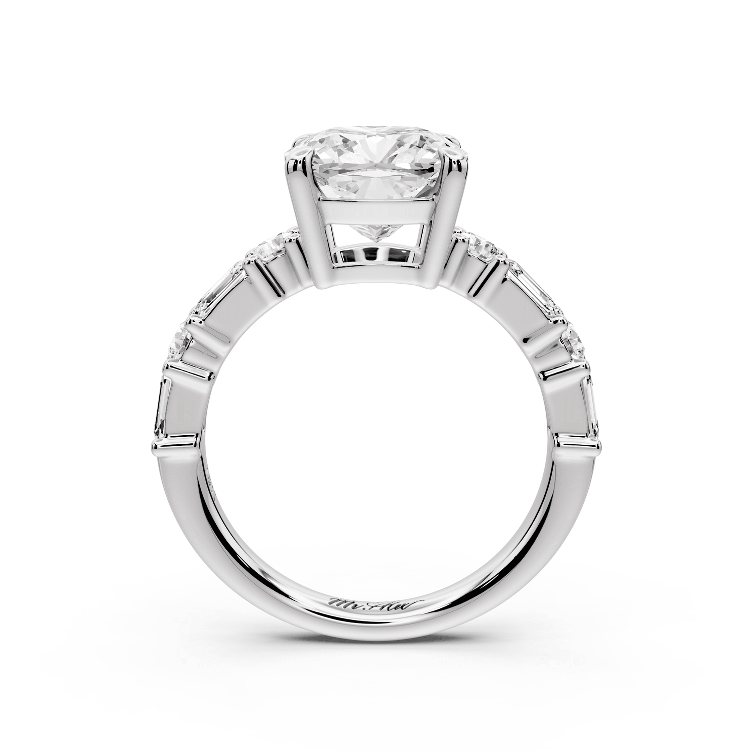 Juliette - 3ct platinum cushion with Alternating Round and Emerald 8 - Stone Band Engagement Ring - Mr. Alex Jewelry