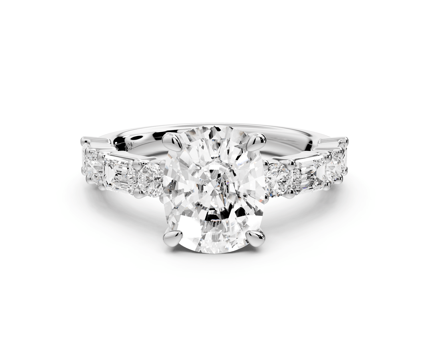 Juliette - 3ct platinum ecushion with Alternating Round and Emerald 8 - Stone Band Engagement Ring - Mr. Alex Jewelry
