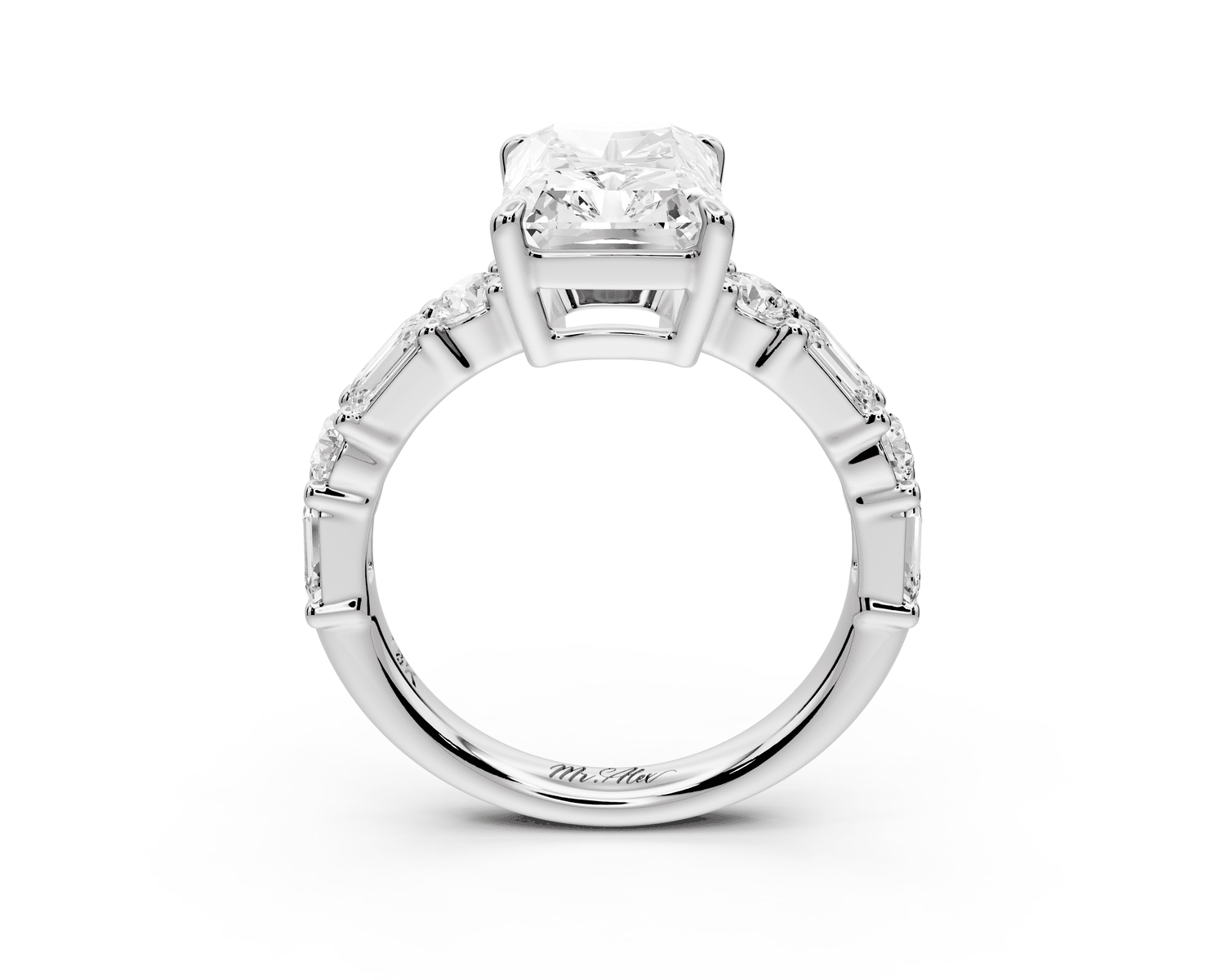 Juliette - 3ct platinum emerald with Alternating Round and Emerald 8 - Stone Band Engagement Ring - Mr. Alex Jewelry