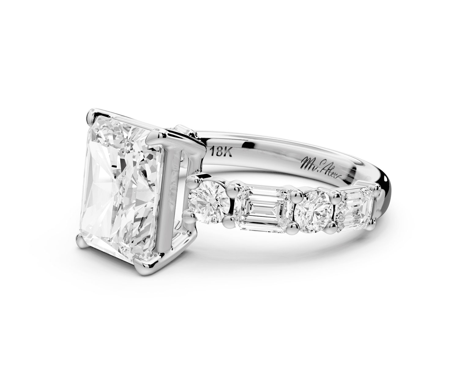 Juliette - 3ct platinum emerald with Alternating Round and Emerald 8 - Stone Band Engagement Ring - Mr. Alex Jewelry
