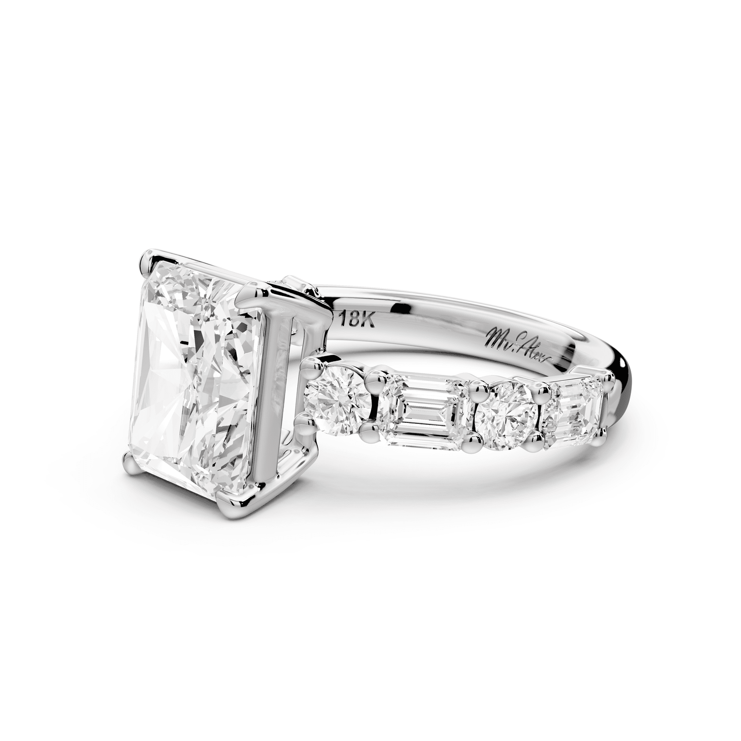 Juliette - 3ct platinum emerald with Alternating Round and Emerald 8 - Stone Band Engagement Ring - Mr. Alex Jewelry