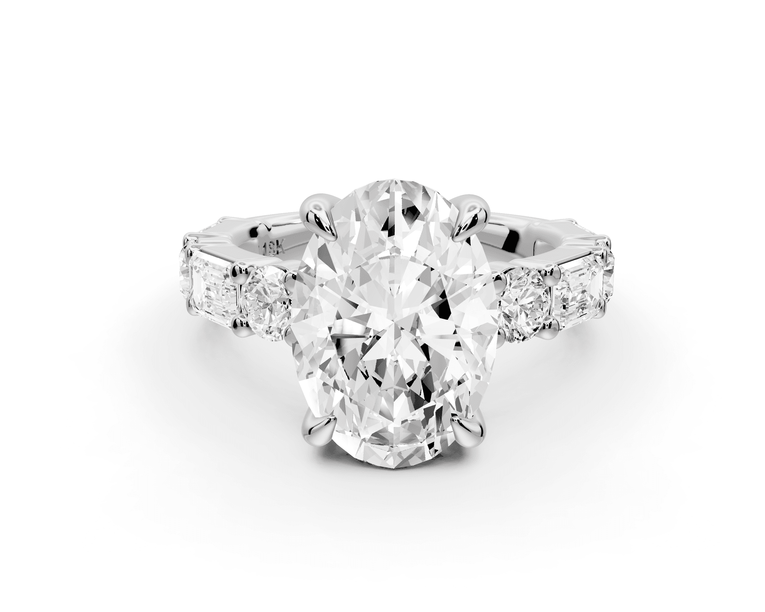 Juliette - 3ct platinum oval with Alternating Round and Emerald 8 - Stone Band Engagement Ring - Mr. Alex Jewelry