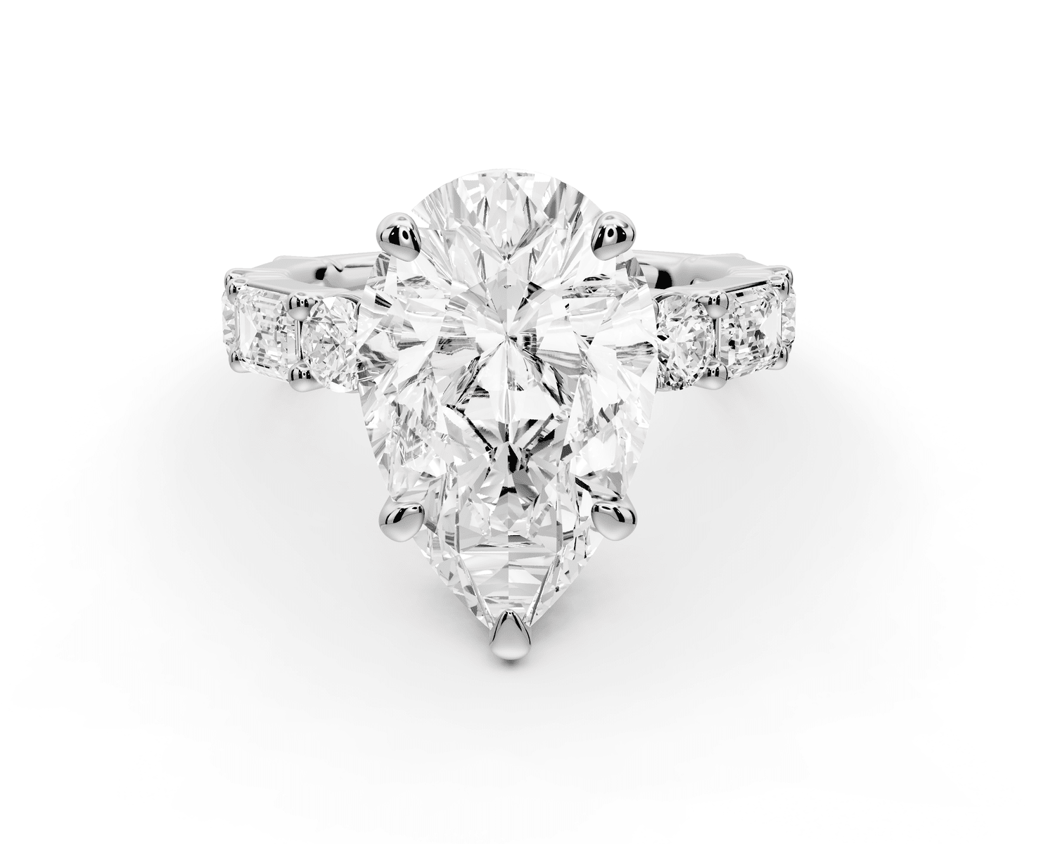 Juliette - 3ct platinum pear with Alternating Round and Emerald 8 - Stone Band Engagement Ring - Mr. Alex Jewelry