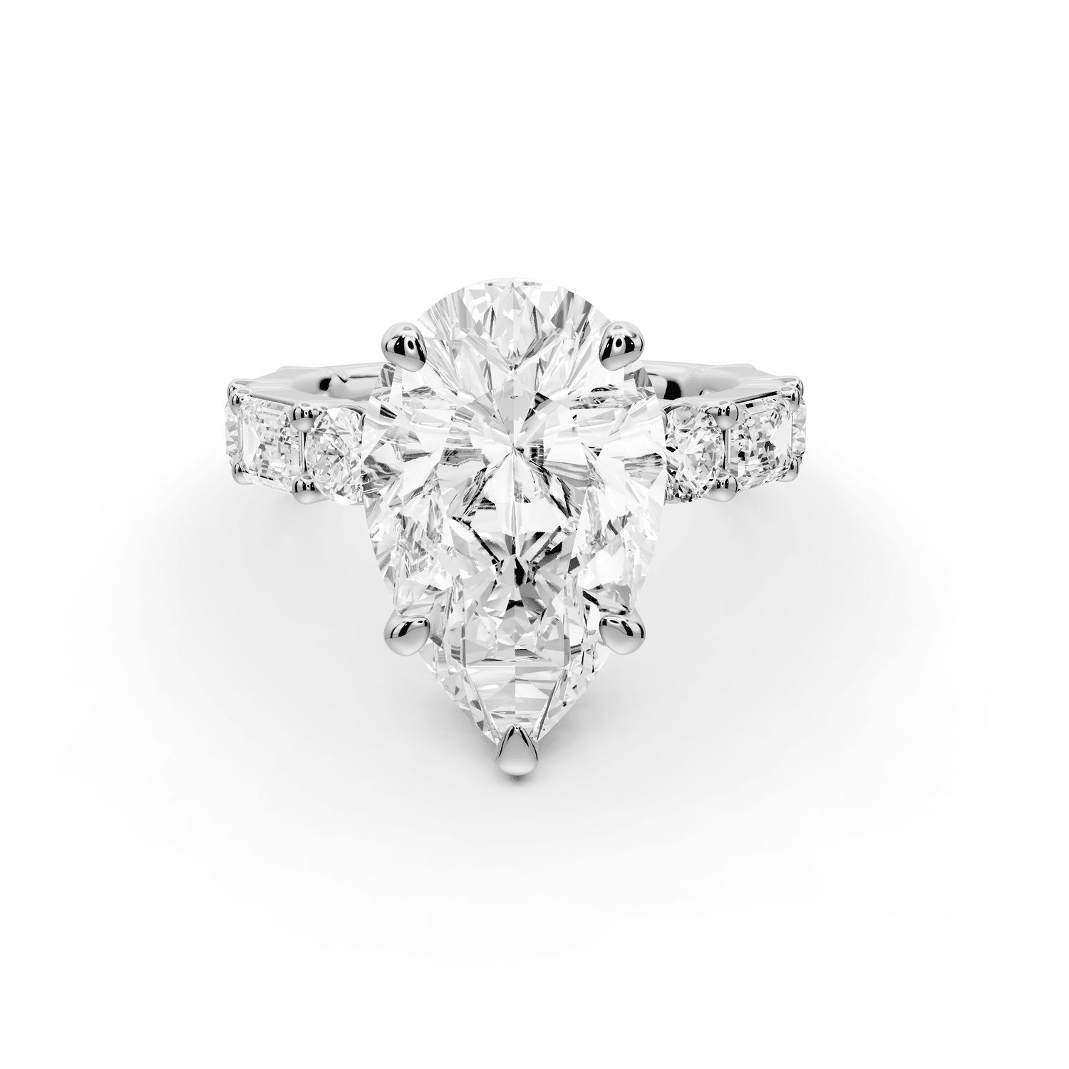 Juliette - 3ct platinum pear with Alternating Round and Emerald 8 - Stone Band Engagement Ring - Mr. Alex Jewelry