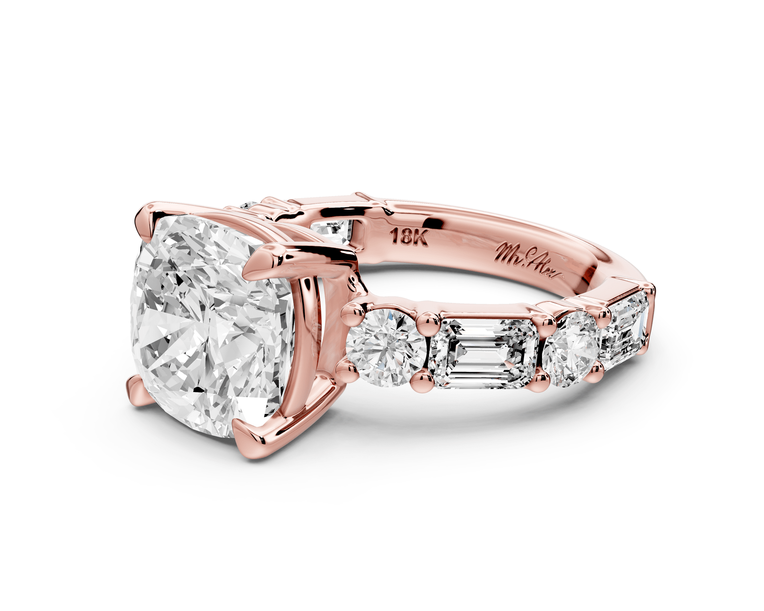 Juliette - 4ct 14k rose gold cushion with Alternating Round and Emerald 8 - Stone Band Engagement Ring - Mr. Alex Jewelry