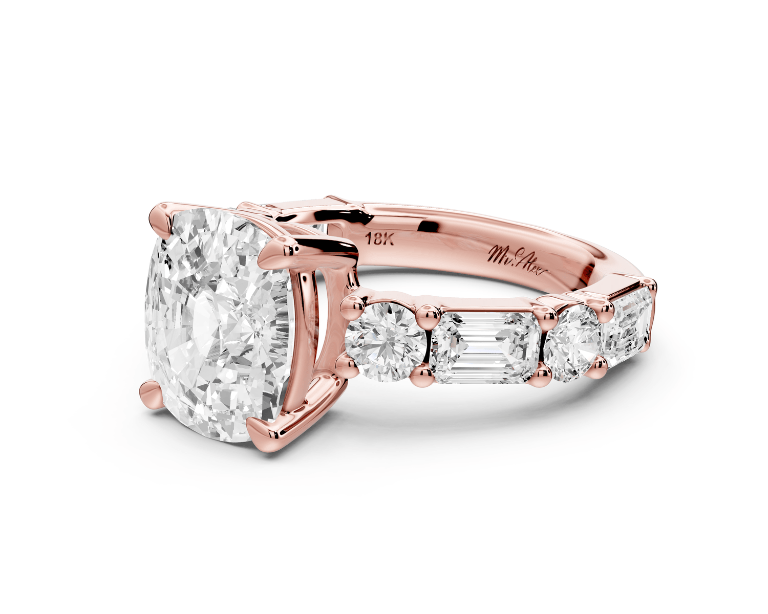 Juliette - 4ct 14k rose gold ecushion with Alternating Round and Emerald 8 - Stone Band Engagement Ring - Mr. Alex Jewelry