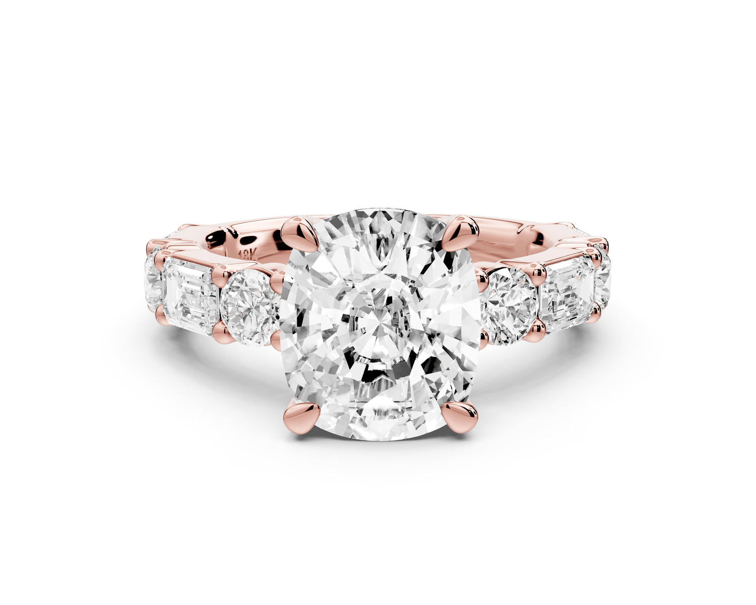 Juliette - 4ct 14k rose gold ecushion with Alternating Round and Emerald 8 - Stone Band Engagement Ring - Mr. Alex Jewelry