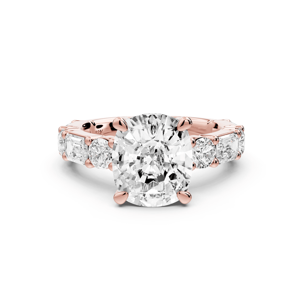 Juliette - 4ct 14k rose gold ecushion with Alternating Round and Emerald 8 - Stone Band Engagement Ring - Mr. Alex Jewelry