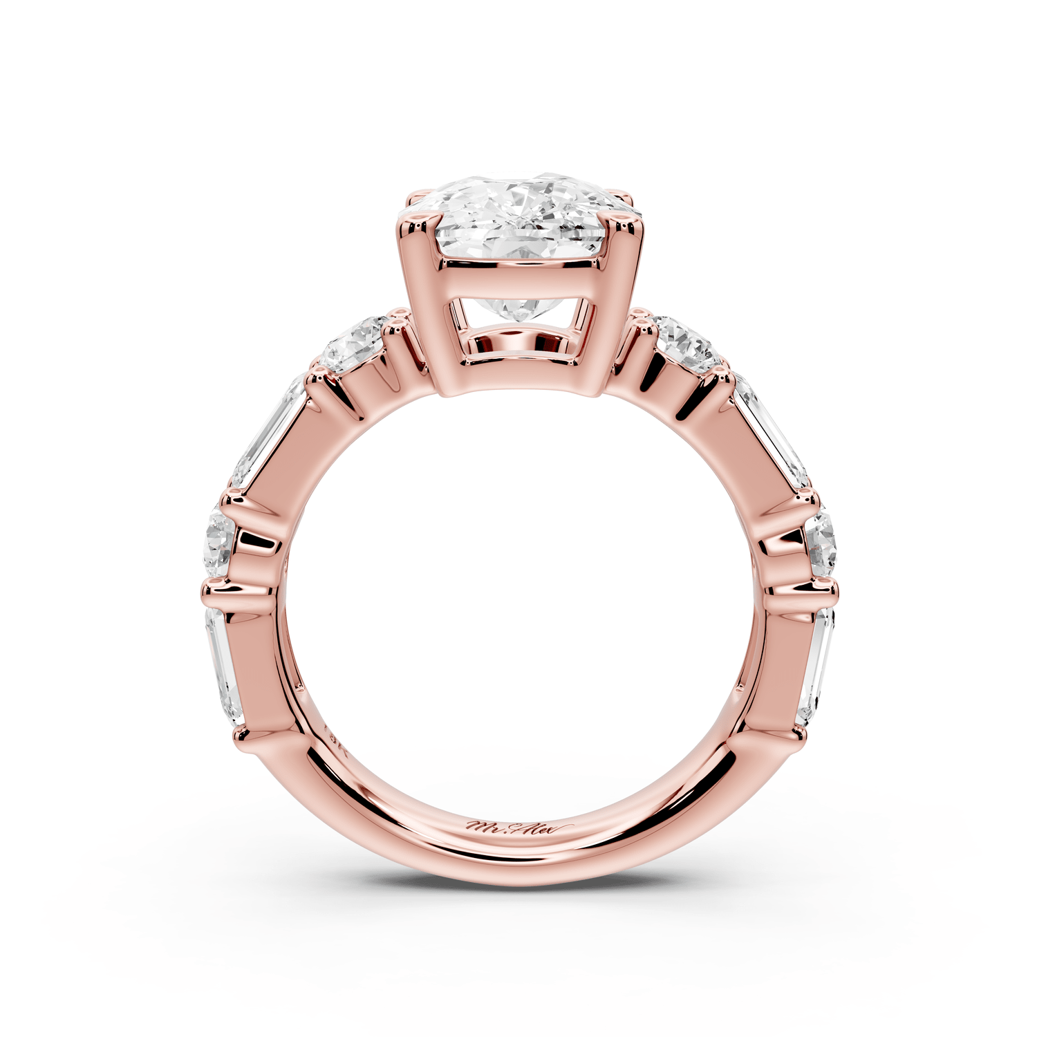 Juliette - 4ct 14k rose gold ecushion with Alternating Round and Emerald 8 - Stone Band Engagement Ring - Mr. Alex Jewelry