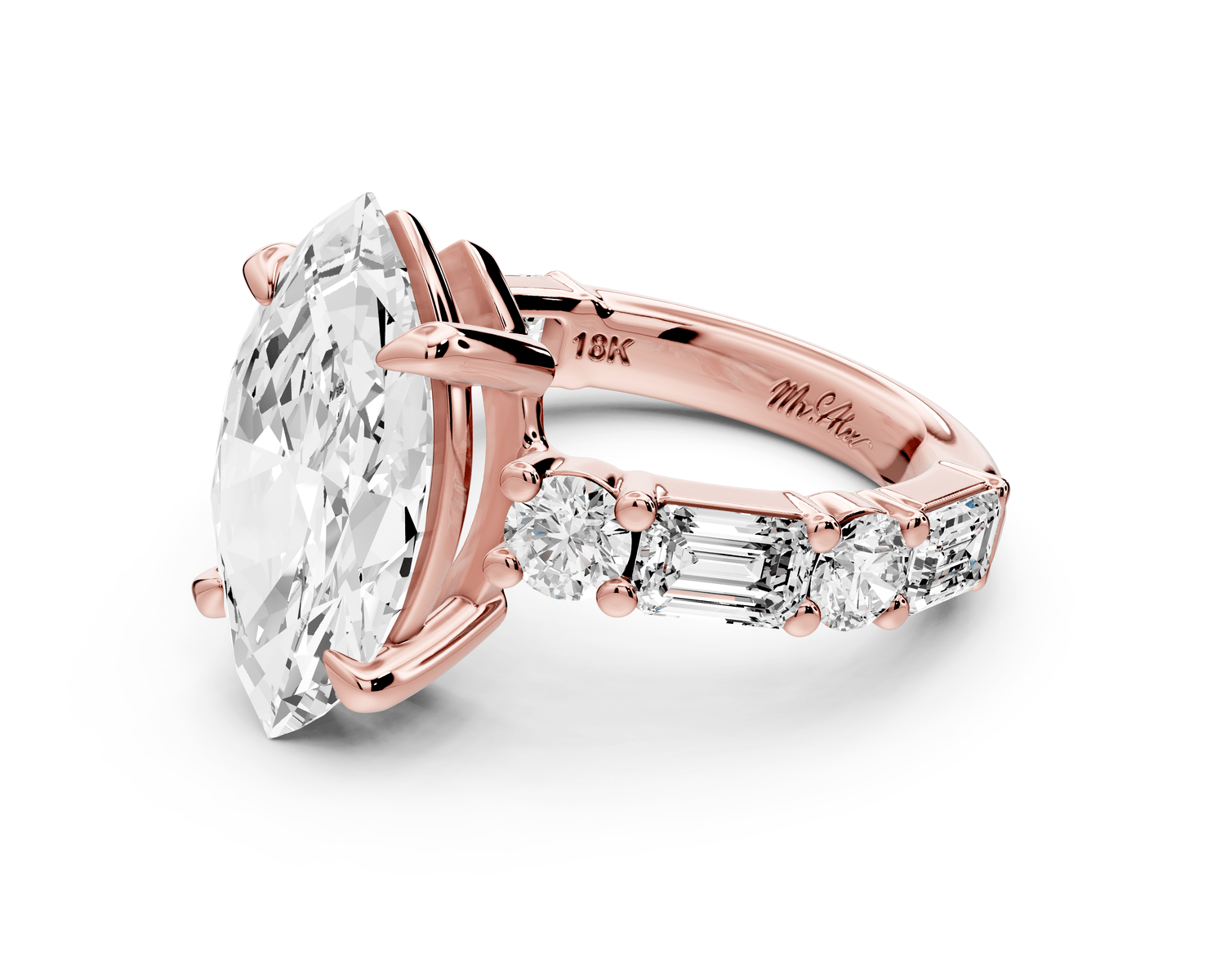 Juliette - 4ct 14k rose gold marquise with Alternating Round and Emerald 8 - Stone Band Engagement Ring - Mr. Alex Jewelry