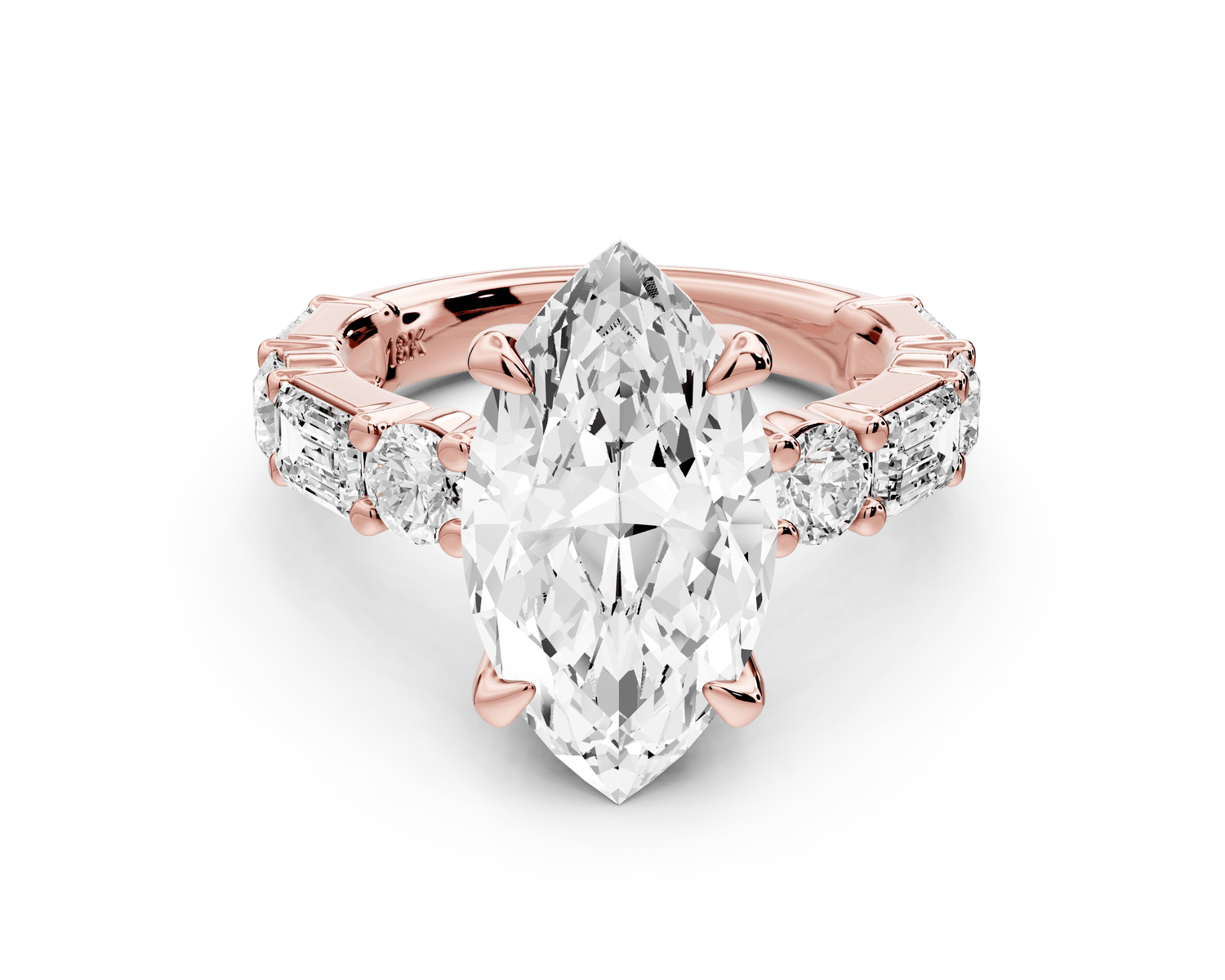 Juliette - 4ct 14k rose gold marquise with Alternating Round and Emerald 8 - Stone Band Engagement Ring - Mr. Alex Jewelry