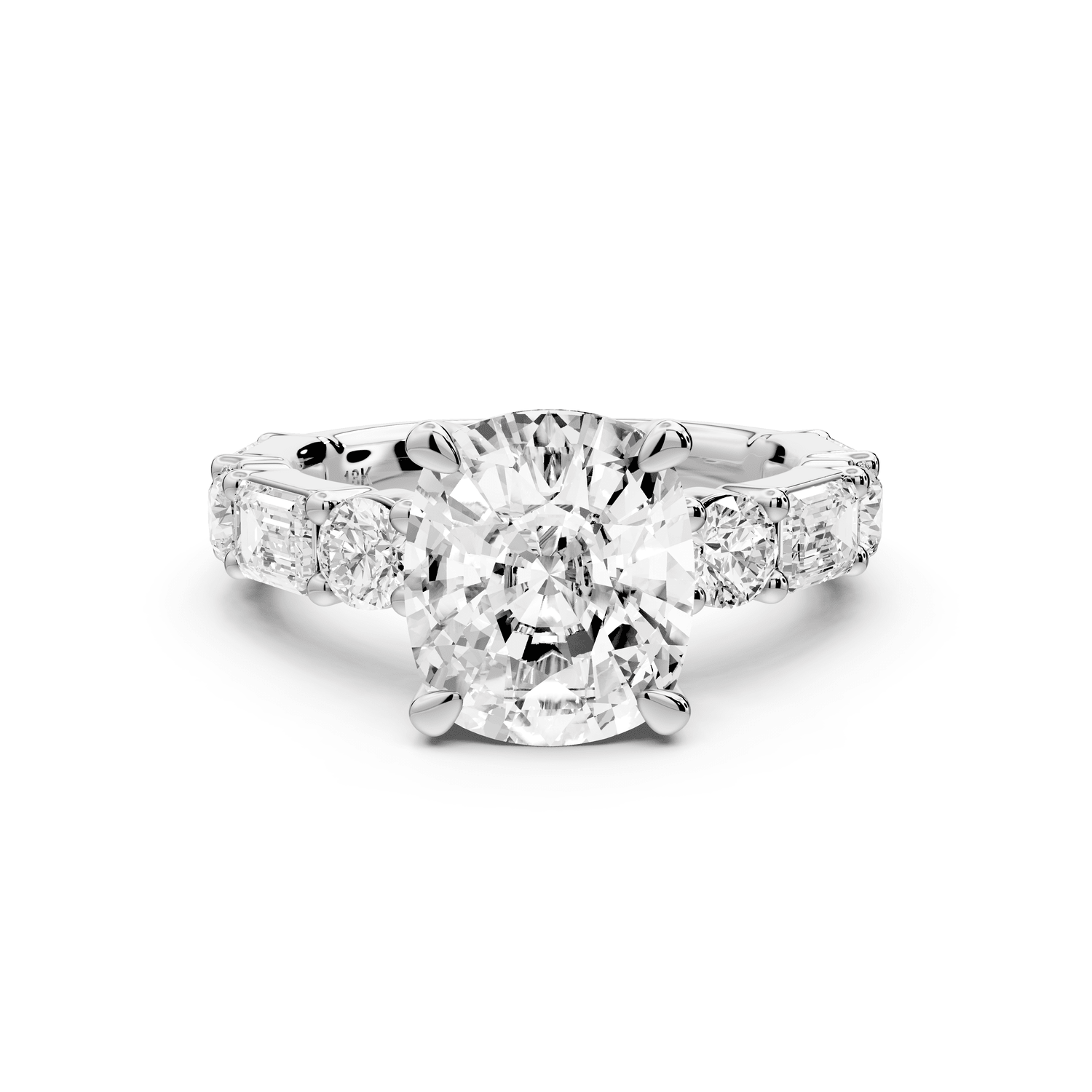 Juliette - 4ct 14k white gold ecushion with Alternating Round and Emerald 8 - Stone Band Engagement Ring - Mr. Alex Jewelry
